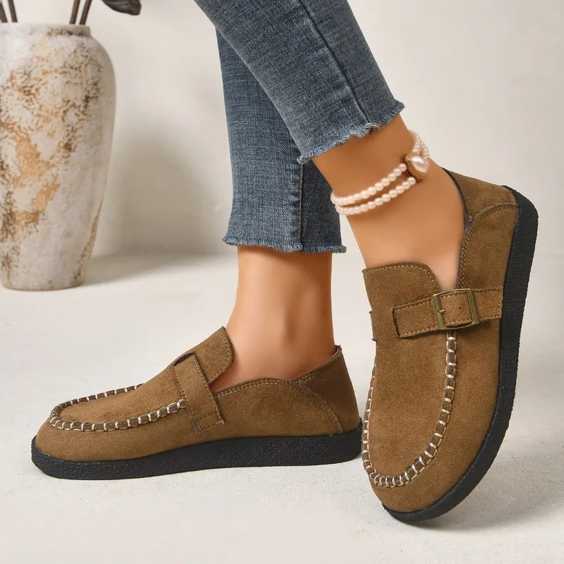 Fashion Women Contrast‑Stitch Moccasin Flats 1.5CM Flat Heel Round Toe Buckle Strap Faux‑Suede Slip‑On Casual Outdoor Shoes