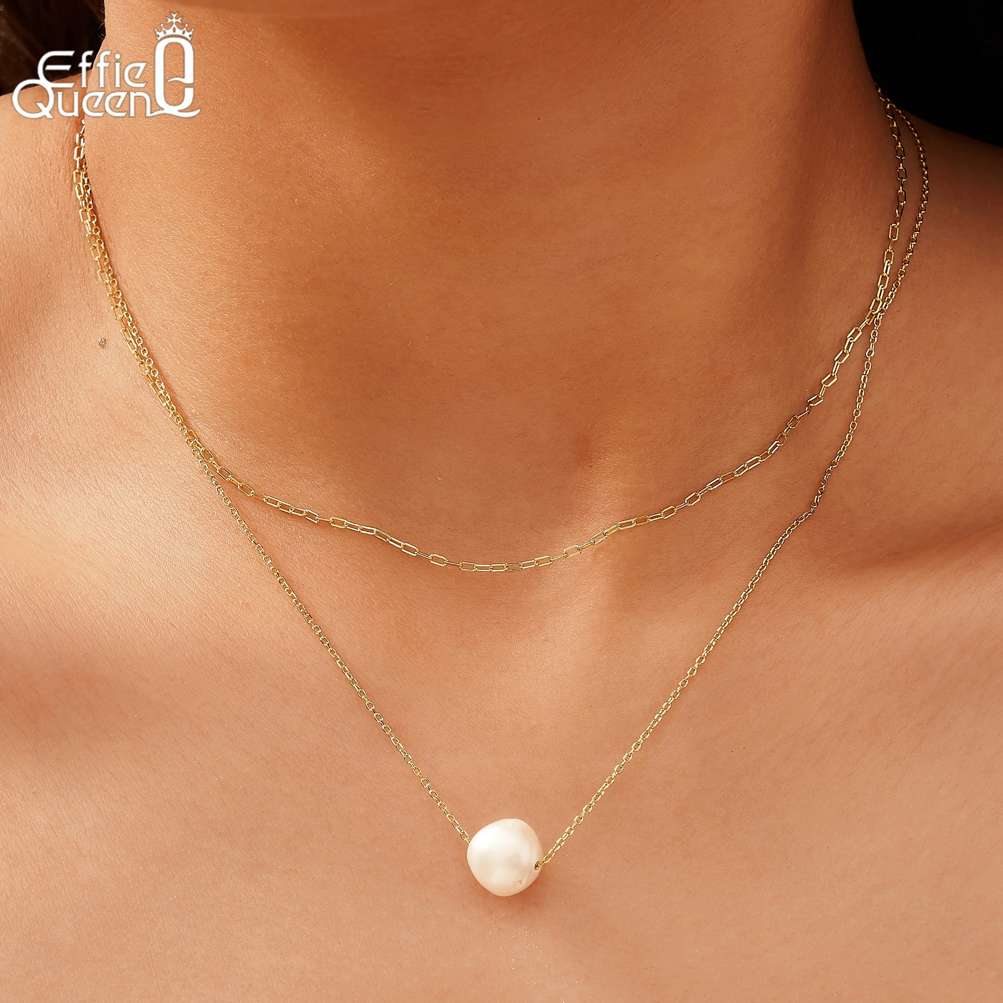 

EFFIE QUEEN, серебро 925 пробы, золото 14 карат, овальная форма, жемчужный кулон, ожерелье, двухслойная цепочка, банкетные украшения для женщин, свадьба GPN72