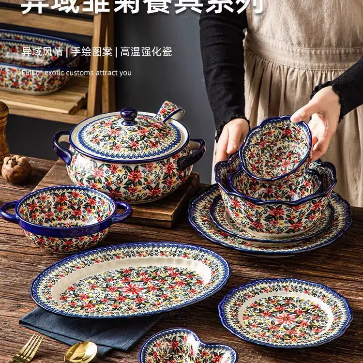 Polish Bowl and Plate Ceramic Tableware Household Creative Bowl and Plate Old-fashioned Retro Soup Bowl Noodles Bowl