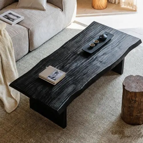 Solid Wood Coffee Table,Rustic Centre Table with Live Edge,Farmhouse Living Room Table,2 