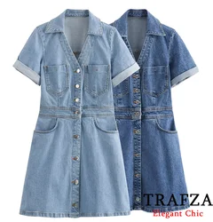 TRAFZA Blue Denim Dress Woman Faded Jean Mini Shirt Dress Women Short Sleeve Summer Dresses 2024 Young Girls Casual Mini Dresses