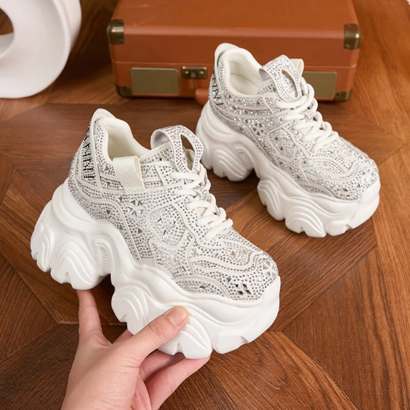 Women's New Spring 11CM Thick-soled Shoes with Stars and Rhinestones All-match Casual Shoes Inner Height-increasing Women's Shoe