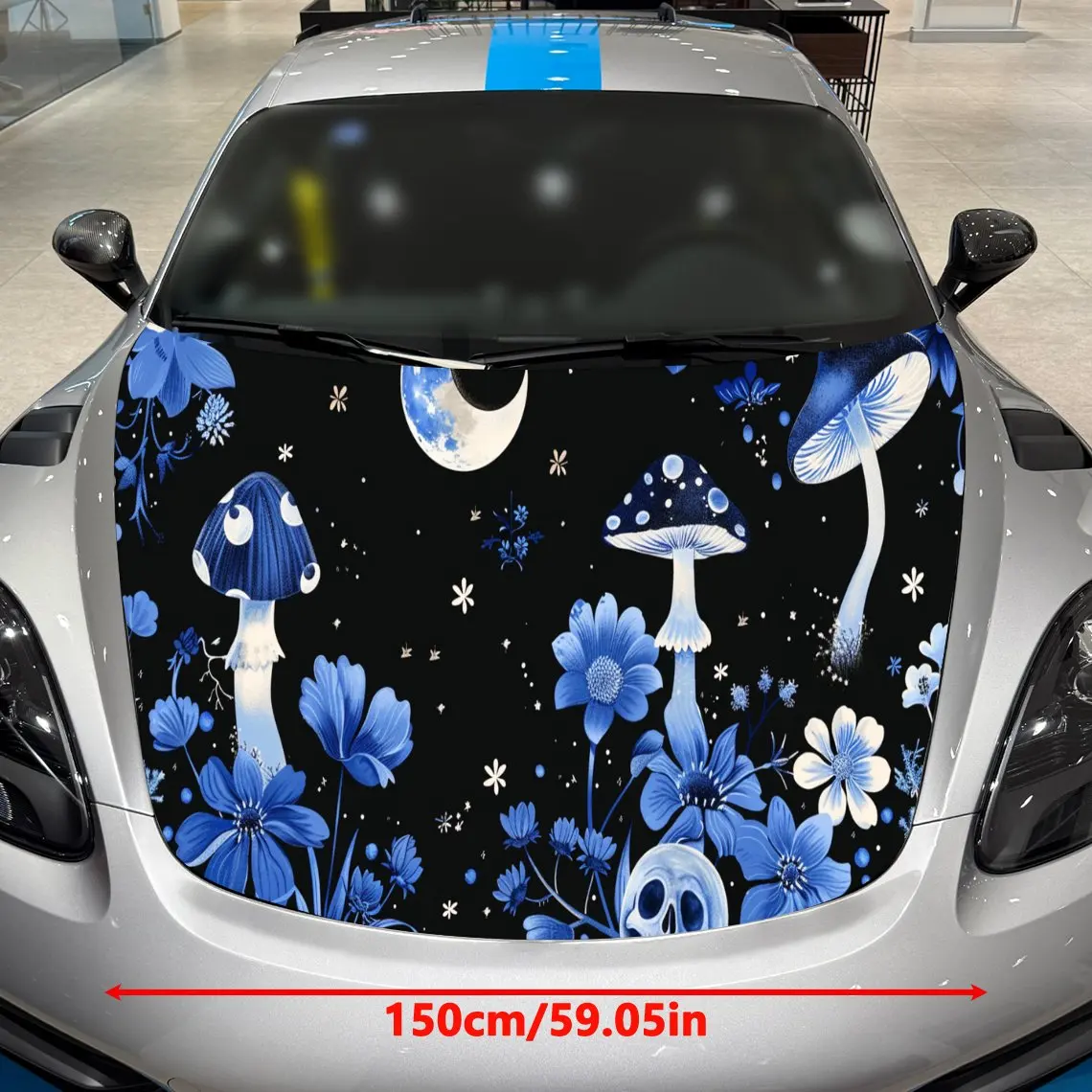 Blue Skull Mushroom Car Hood Wrap, Boho Gothic Art Car Hood Decal, Car Exterior Accessory, Waterproof and Self-adhesive Auto Cov