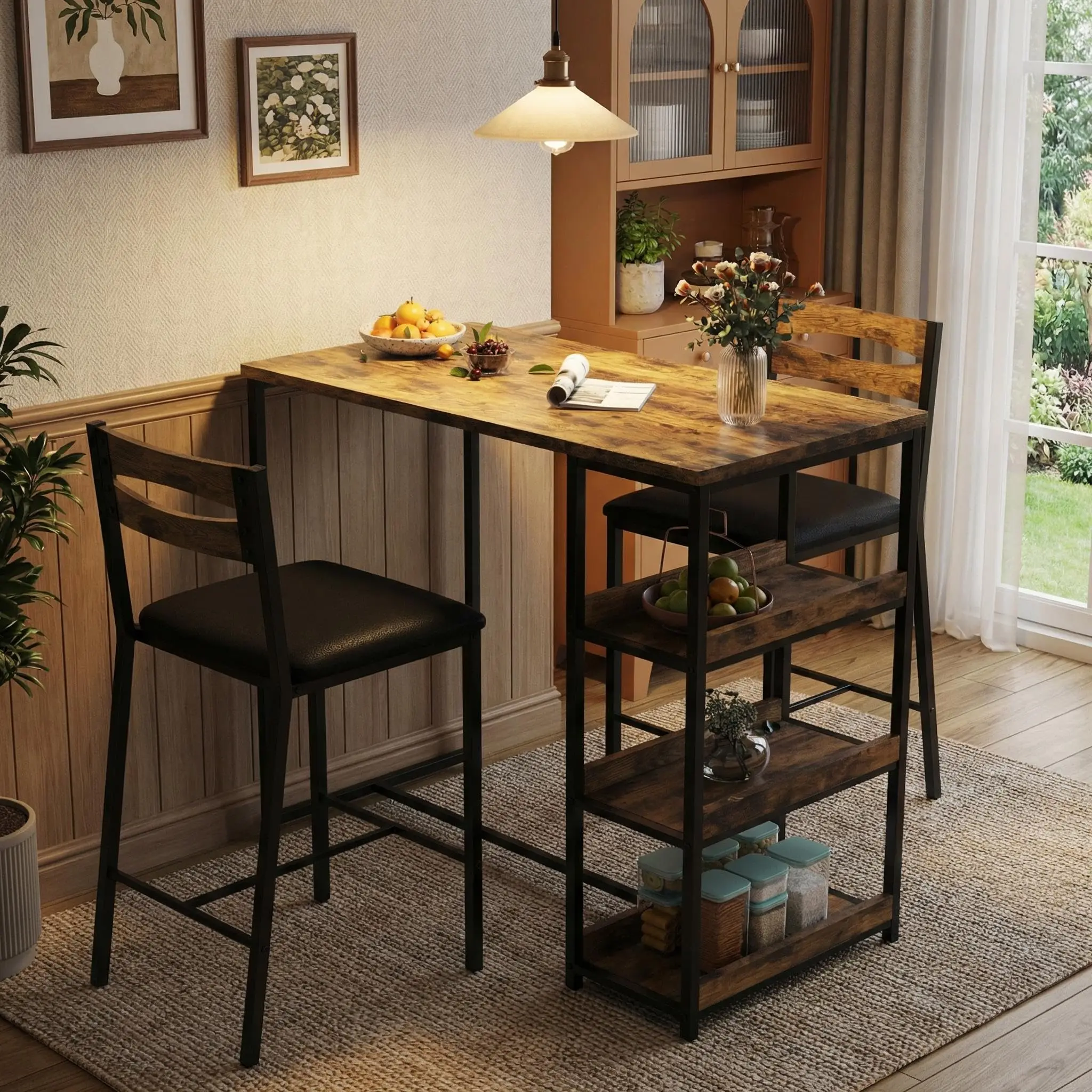 

3-Piece Kitchen Table Set With Storage Shelves And 2 Bar Stools Iron And Wood Dining Table For Small Spaces Apartments Condos