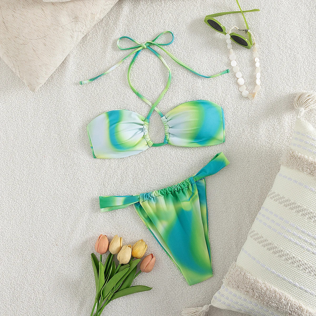 Conjunto de bikini sexy con estampado teñido anudado verde, correas ajustables, perfecto para ropa de playa de verano, fiestas en la piscina, ocasiones especiales, escapada de verano