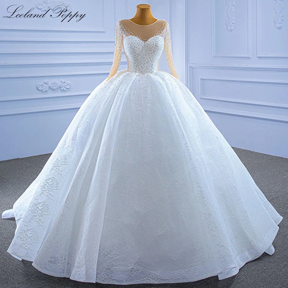 Lceland Poppy Customized Ball Gown Lace Wedding Dresses Floor Length Scoop Neck Long Sleeves Crystal Beaded Bridal Gowns