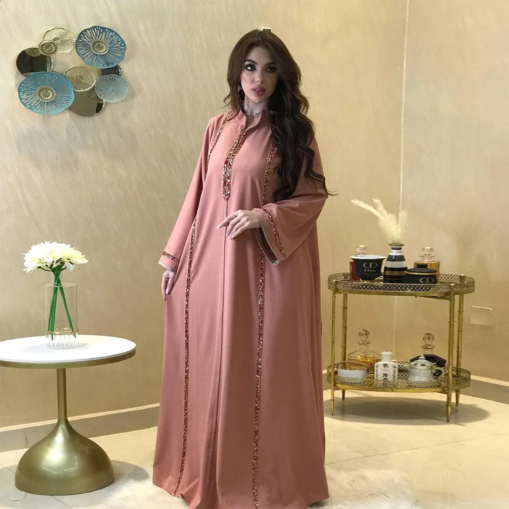 

Ramadan Abaya Femme Musulmane Moroccan Caftan for Woman Fashion Solid Diamonds Full Sleeve Loose Turkish Dubai Robe Muslim Dress