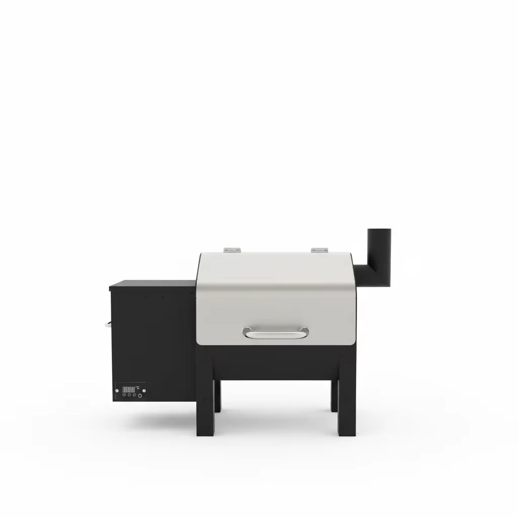 Stainless steel outdoor wood pellet grill with automatic pellet feed for backyard barbecues