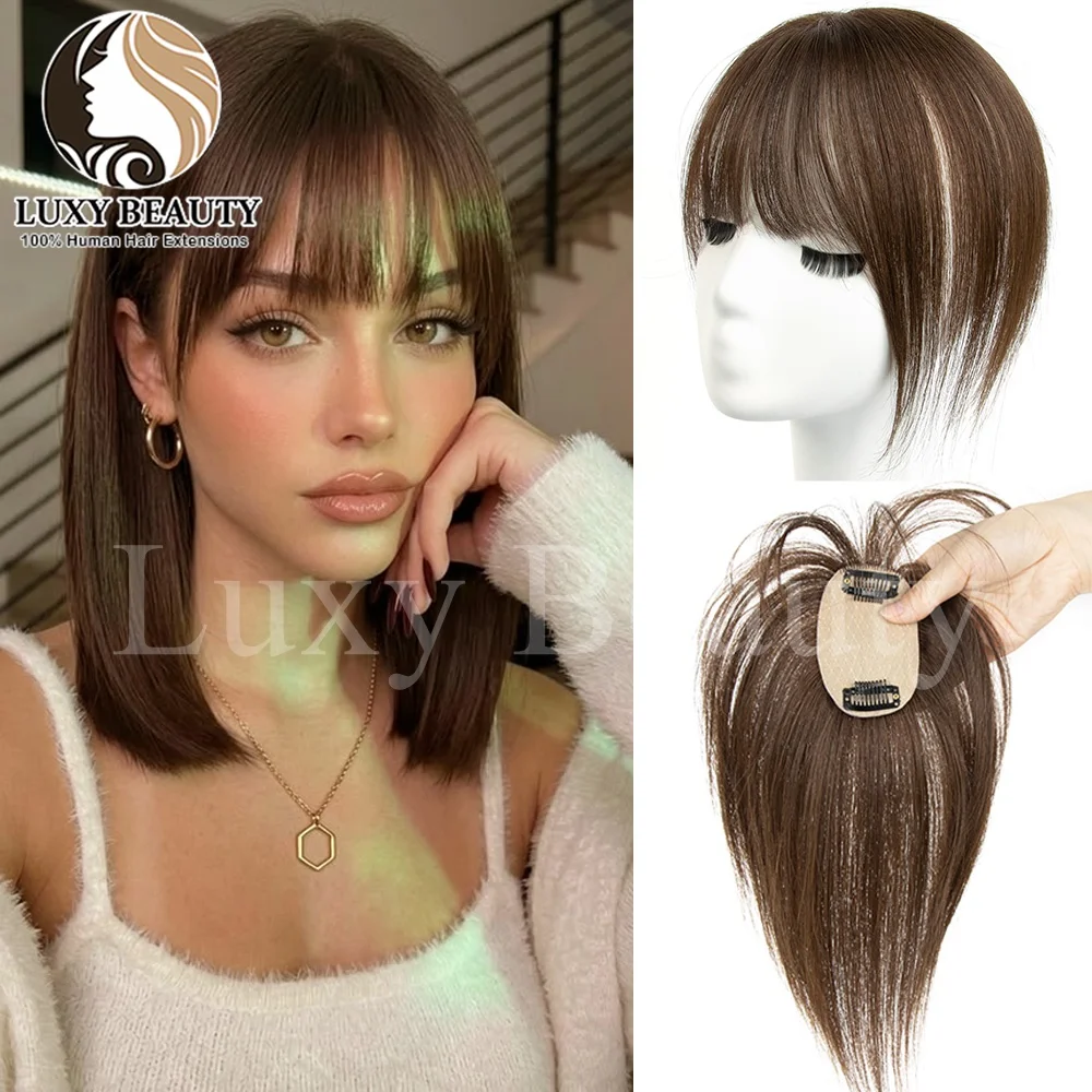 Short Brown Human Hair Topper With Bangs Women Natural Black Highlights Brown Skin Scalp Clip in Topper Hair Pieces Human Hair