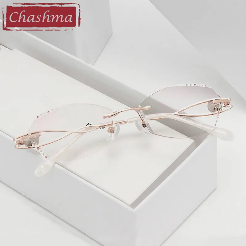 Chashma Female Titanium Frame Colored Lenses Opticos RX Gafas Women Diamond Stones Light Eyeglasses Rimless Spectacles