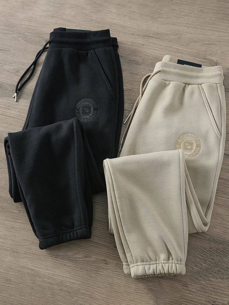 

Мужские утепленные спортивные брюки на флисовой подкладке, свободные, с манжетами, с вышивкой, повседневные, длинные, теплые, бежевые, в стиле Harlan