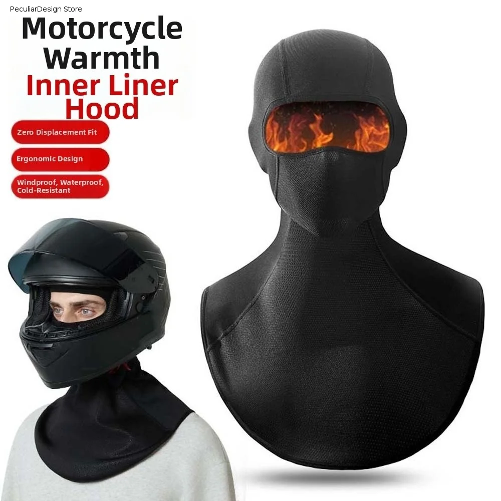 Warm Lining Winter Balaclava Mask Thick Fabric Dustproof Guard Hat with Shawl Extended Collar Solid Black Cycling Helmet Liner