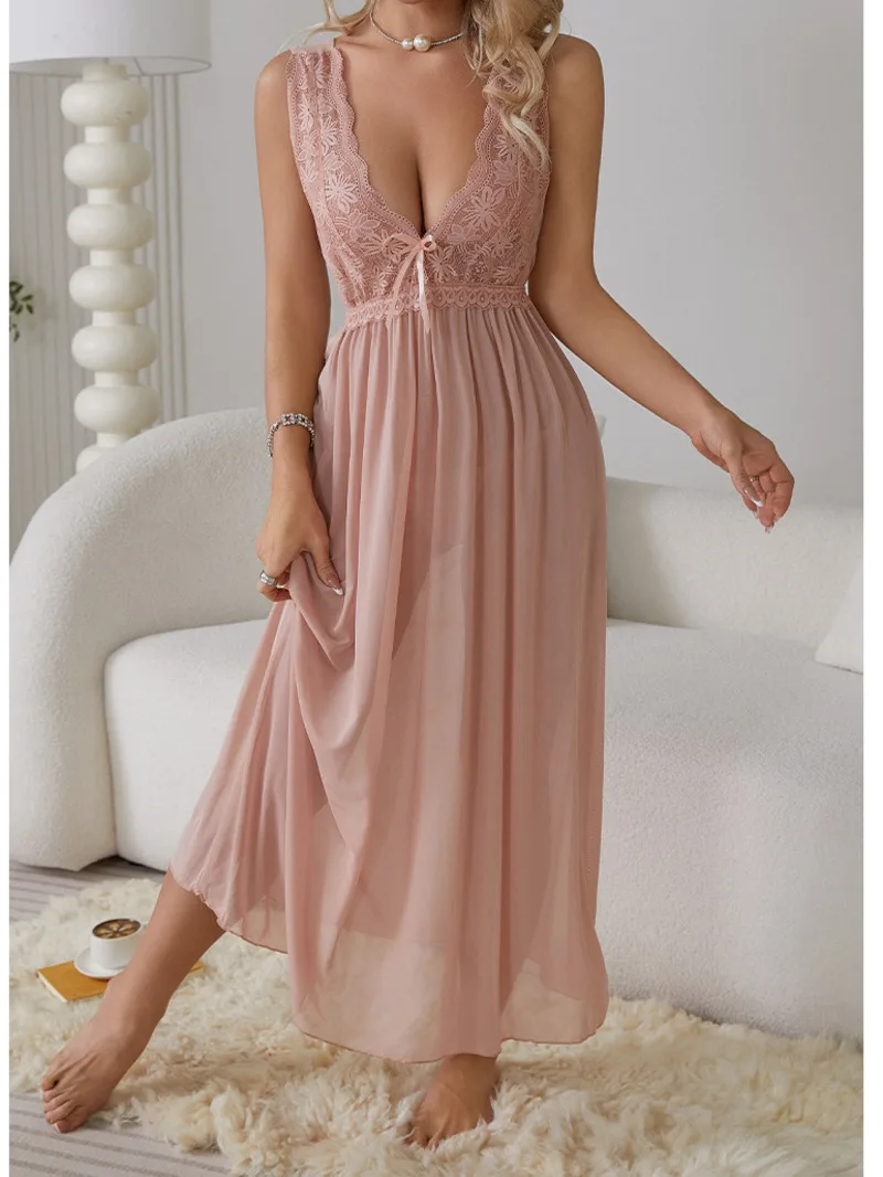 

Mesh Lace Sexy Perspective Pajamas Long Fairy Pure Desire Spicy Sweet Clothing Dress Elegant Hot Sexy Korean Women Dresses HV0H