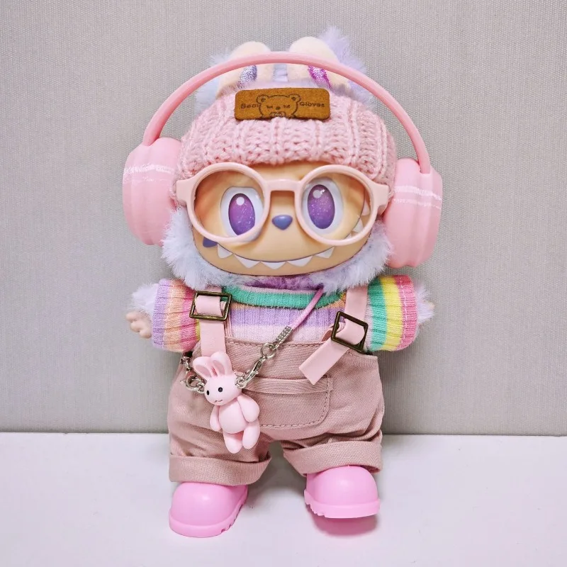 Explosions 123a generazione LABUBUBU Set di auricolari con cappello con bretelle rosa, realizzato in tessuto LABUBUBU, tuta rosa, con vestiti per bambini.