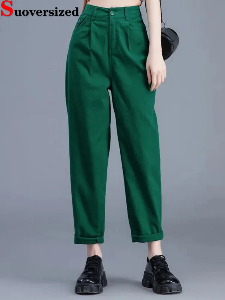 

Women Casual Green Harem Jeans Korean Fashion Elastic High Waist Vintage Denim Pants Spring Fall Ankle Length Loose Vaqueros New