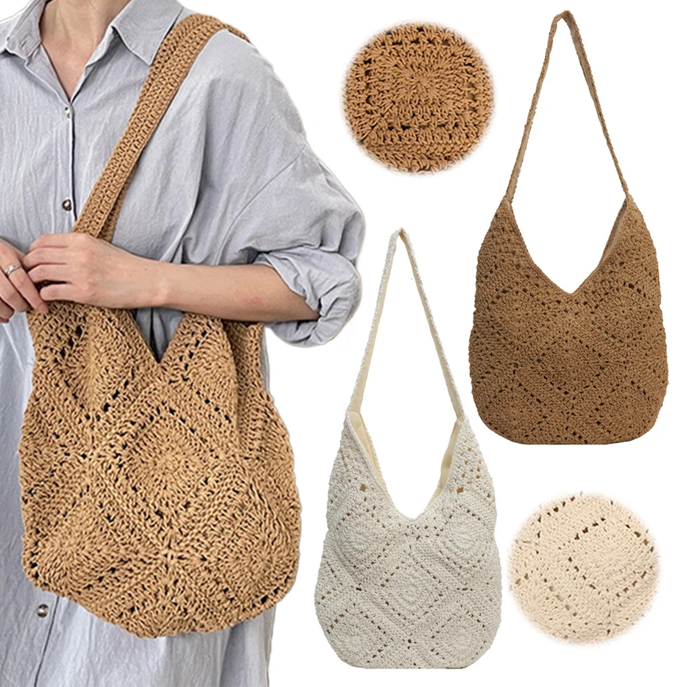 New Summer Vacation Women bag Crochet Shoulder Bag Soft Large Knit Handbag Woven Shoulder Purse Hollow