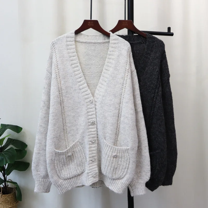

Модные женские свободные вязаные куртки с длинным рукавом и v-образным вырезом в корейском стиле, осень-зима, женские свитера, пальто, повседневные свитера, кардиганы