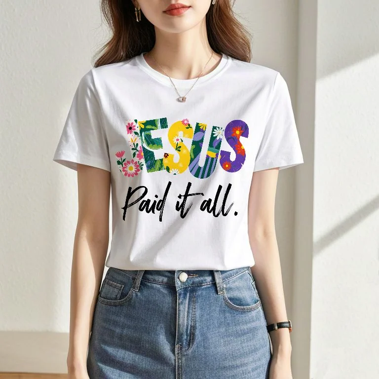 Floral Tropical Print Oversized Black T-Shirt Bold Religious Streetwear Tee Crew Neck Summer Breathable Top for Women