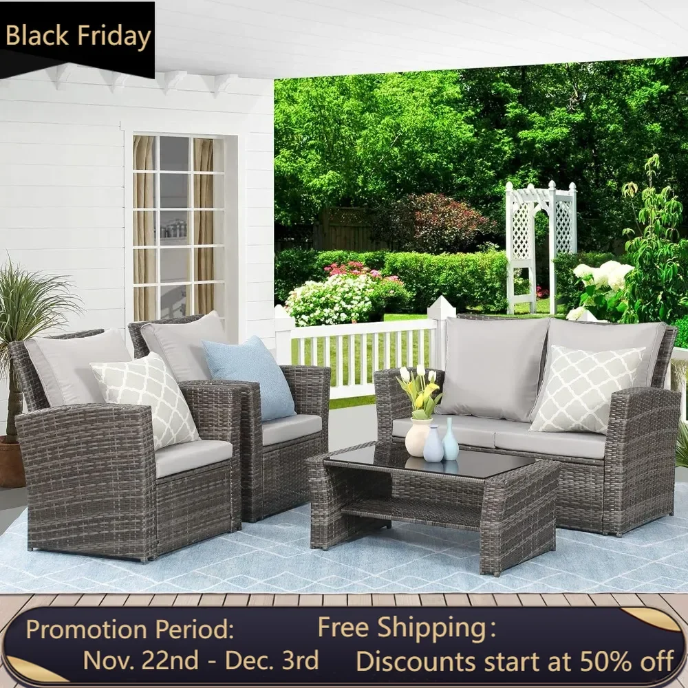 4-piece outdoor terrace furniture set, porch deck wicker dialogue set, rattan sofa chair with cushion for free transportation