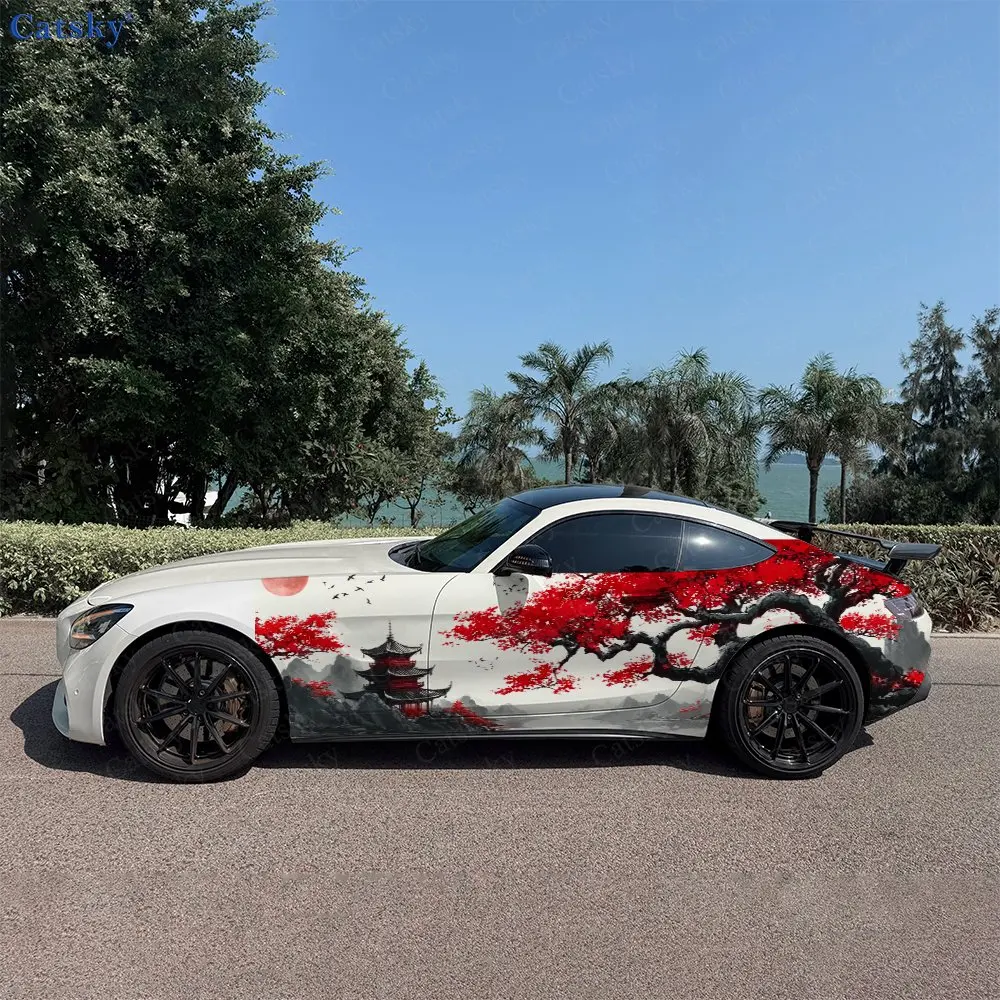 2pcs Ancient Building Red Plum Car Side Wraps, Self-Adhesive PVC Waterproof & Scratch-Resistant Stickers, Car Accessory Gift