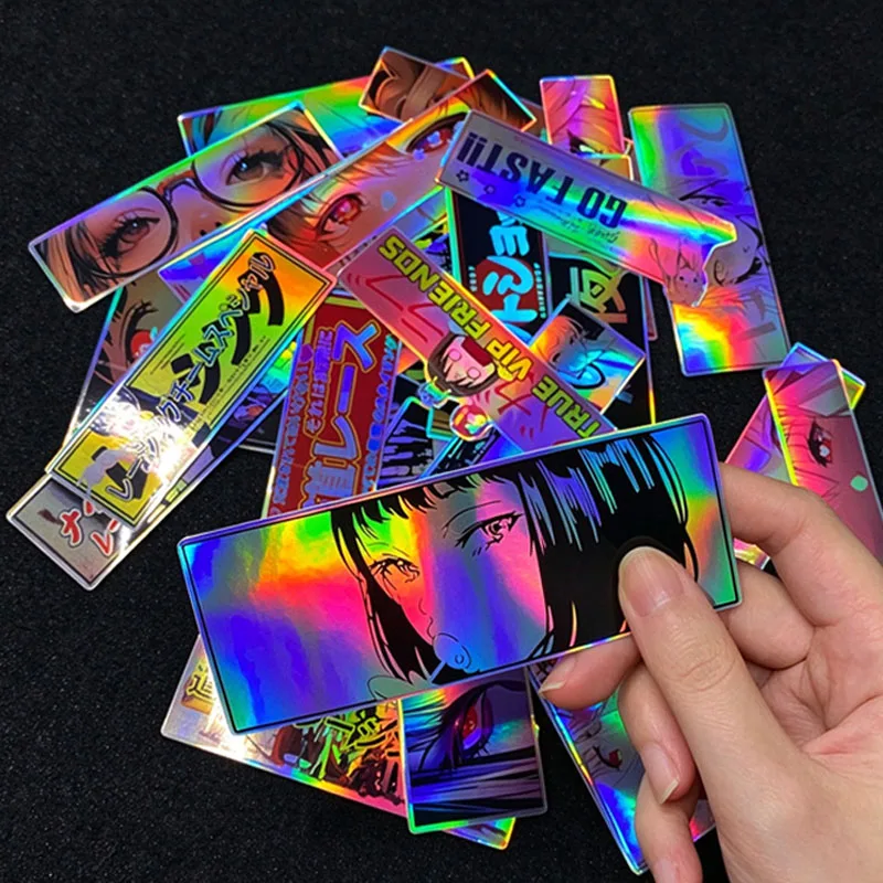 32PCS Motorcycle Stickers JDM Anime Girl Laser Rainbow Stickers Moto Bike Scooter Auto Body Fuel Tank Helmet Vinyl