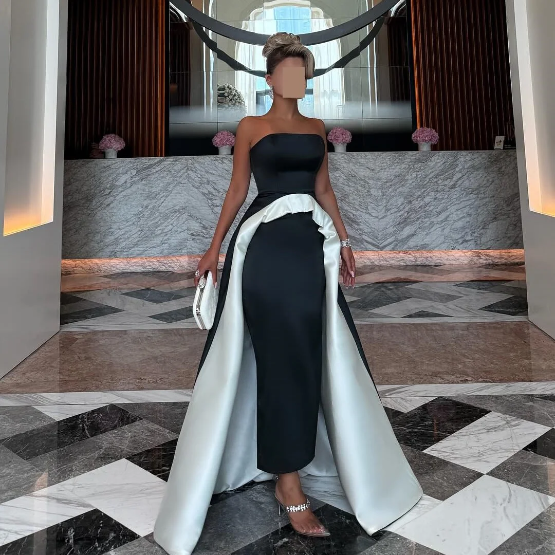 

Black White Strapless Evening Dresses Satin vestidos de noche Elegant Prom Dress Arabic Wedding Party Gown Customized