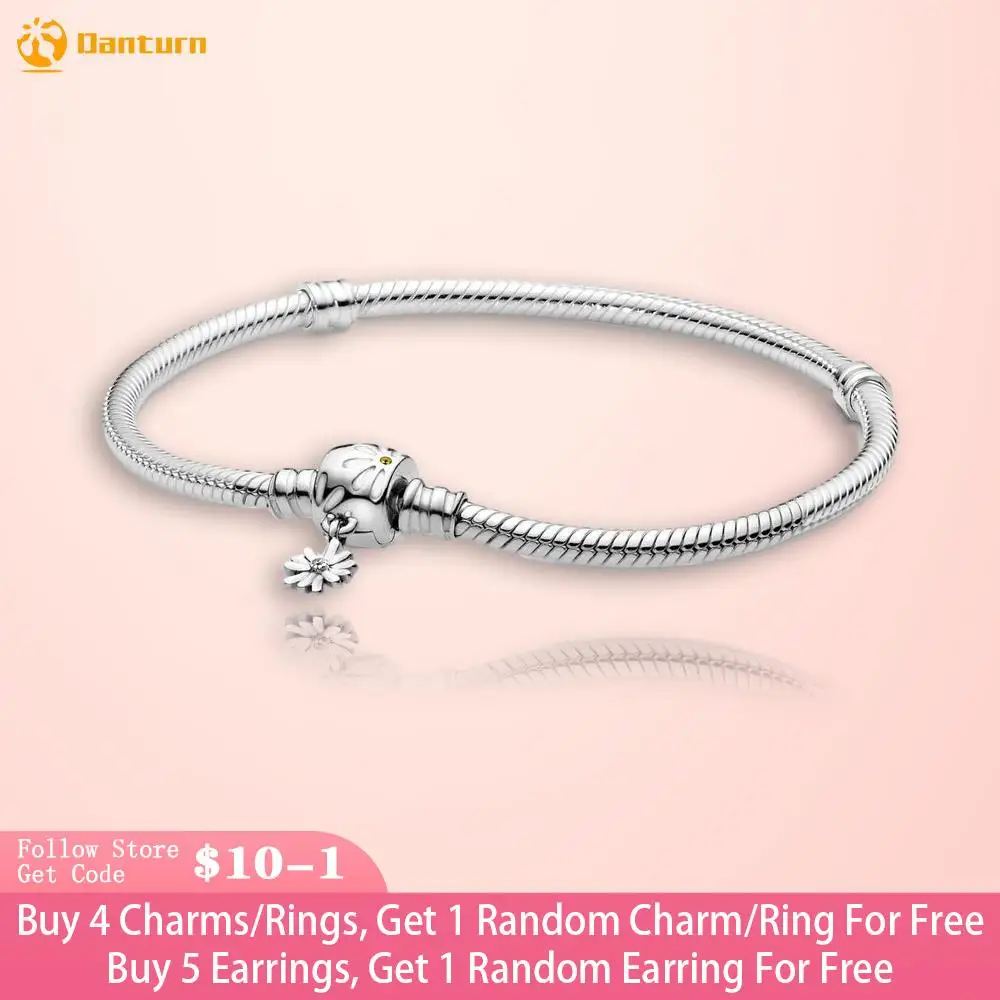 Danturn Authentic 925 Sterling Silver Bracelet Daisy Flower Clasp Snake Chain Bracelet for Women Jewelry Making Birthday Gift