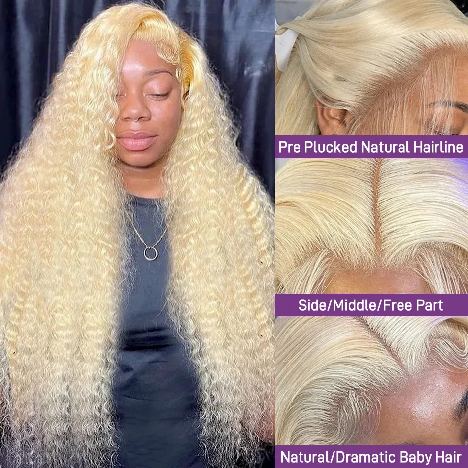 Perruque Lace Front Wig Deep Wave Naturelle, Cheveux Humains, Transparent, Blond, 13x4, Densité 613, # 180%, pour Femme