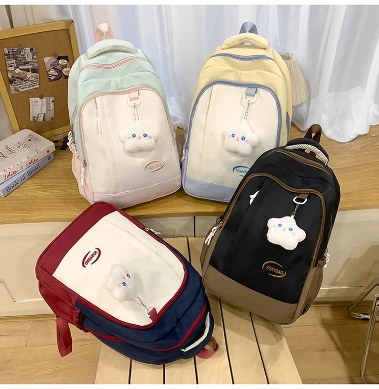 Color-blocking nylon patchwork student schoolbag, cute pendant, large-capacity travel backpack for girls