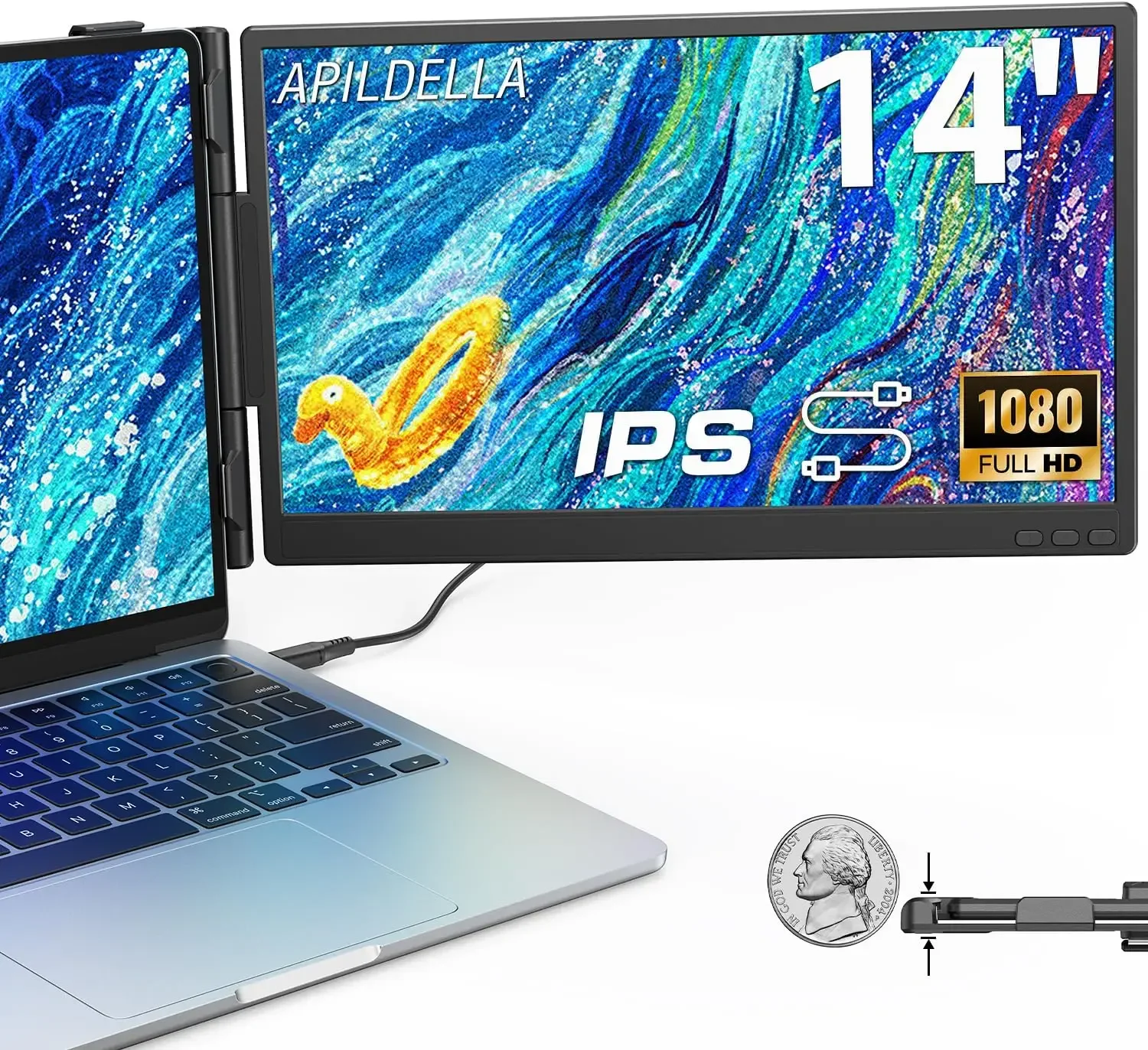 

14'' Dual Laptop Screen Extender, 1080P FHD Laptop Extended Monitor Portable with Speaker, Plug-Play Second Monitor for 13-16''