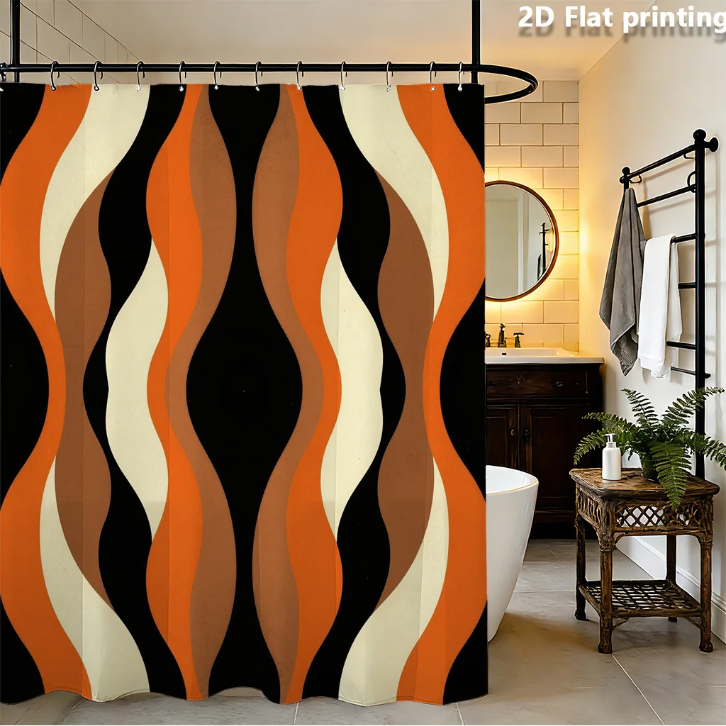 Retro Wave Shower Curtain – Orange, Terracotta & Cream Fluid Stripes on Black, Polyester, 12 Hooks, Water-Resistant, 72×72