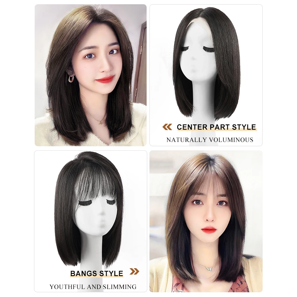 Wig Bob dengan poni rambut manusia, Wig Bob Bang lurus ringan dan potongan tumpul untuk wanita warna alami