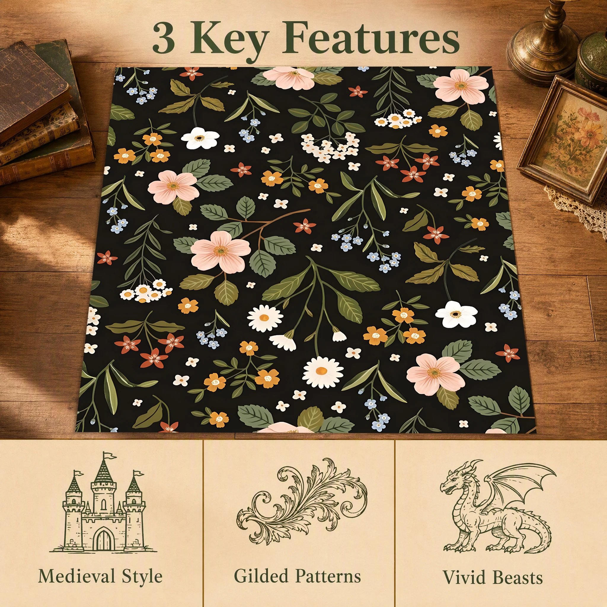 Retro All-Over Floral Print Velvet Rug, Perfect for Autumn and Winter, Suitable for Bedrooms and Living Rooms, Creating a Warm and Cozy Autumn Harvest Atmosphere