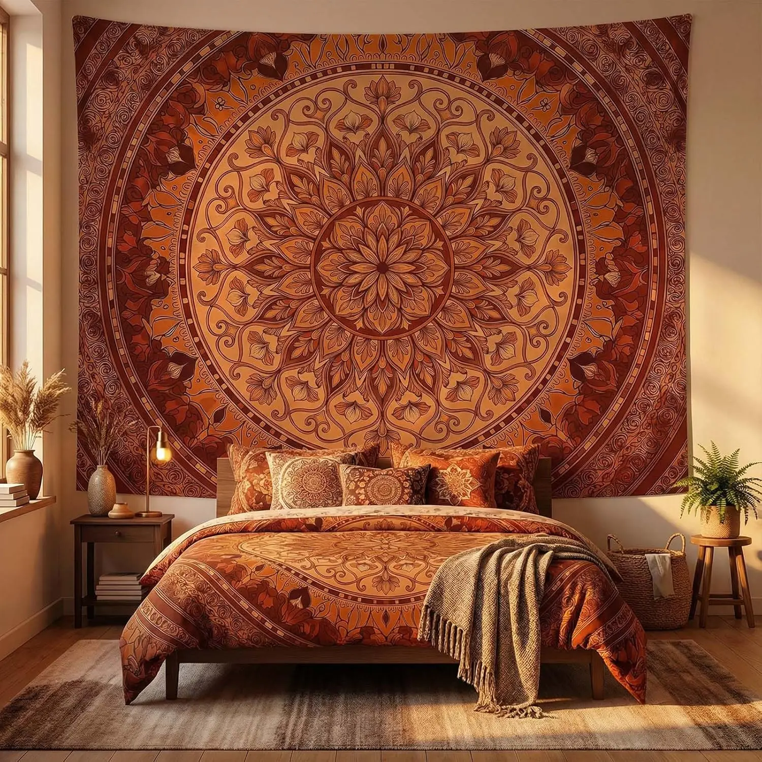 Mandala Ornate Circular Pattern Tapestries Bohemian Orange Floral Tapestries Warm Earth Tone Wall Tapestry Bedroom Dormitory