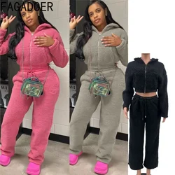 FAGADOER Winter Women 2 Piece Set Outfit Fleece Fur Pocket Zipper Hooded Coat And Straight Pants Suits Casual Streetwear New