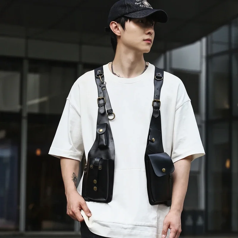 Multi-function Tactical Chest Pack Hip-hop Street Clothing Vest Backpack Phone Pack Top Grade Black Leather Unisex Chest Rig Bag