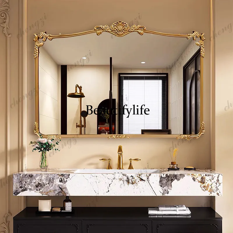 French washstand mirror luxury retro gold carved European smart bathroom, wall-mounted makeup mirror