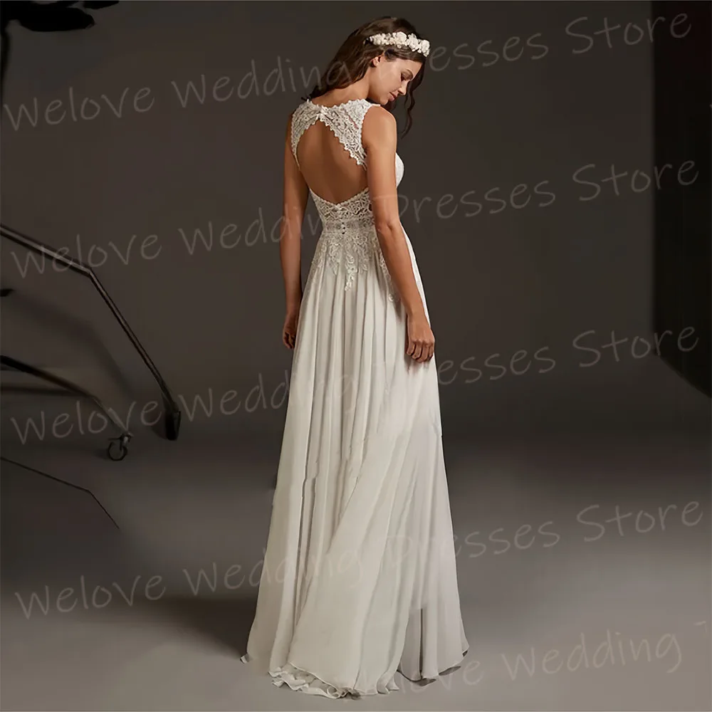 Romantic A Line Women's Wedding Dresses Charming V Neck Bride Gowns Lace Appliques Vestidos De Novia Boda Sleeveless Backless