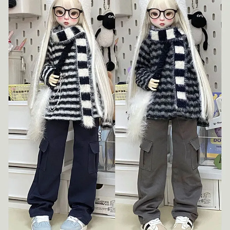 

1/4 Bjd Men/women Doll Clothes Accessories Cute Casual Versatile Long Sleeved Striped Sweater Solid Color Loose Fit Cargo Pants