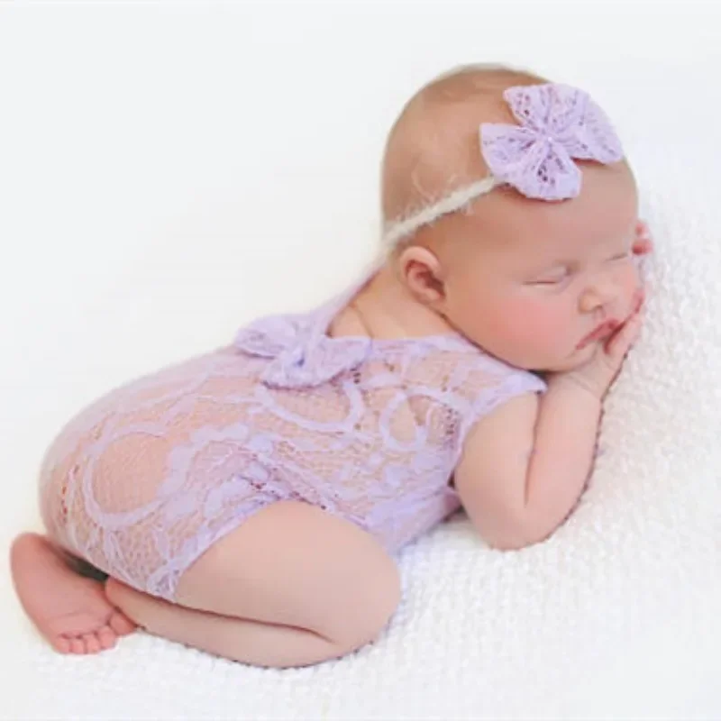 2 Pieces Set Beige Newborn Photography Clothes Costume Lace Romper Bow Headband Set Baby Girl Photo Shooting Outfits