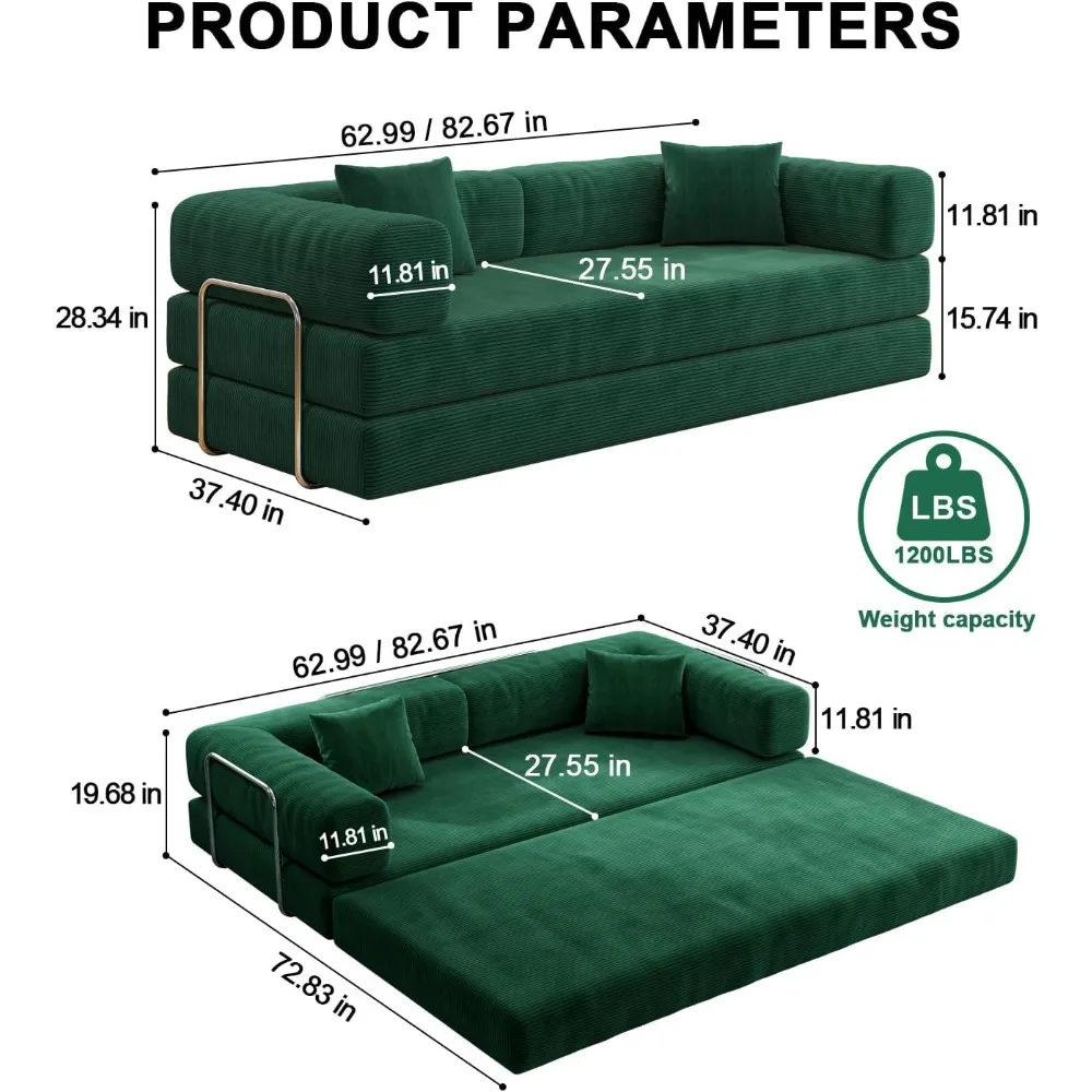 Divano letto da 82", divano compresso per soggiorno Divani convertibili oversize in velluto a coste, miglior divano letto comodo