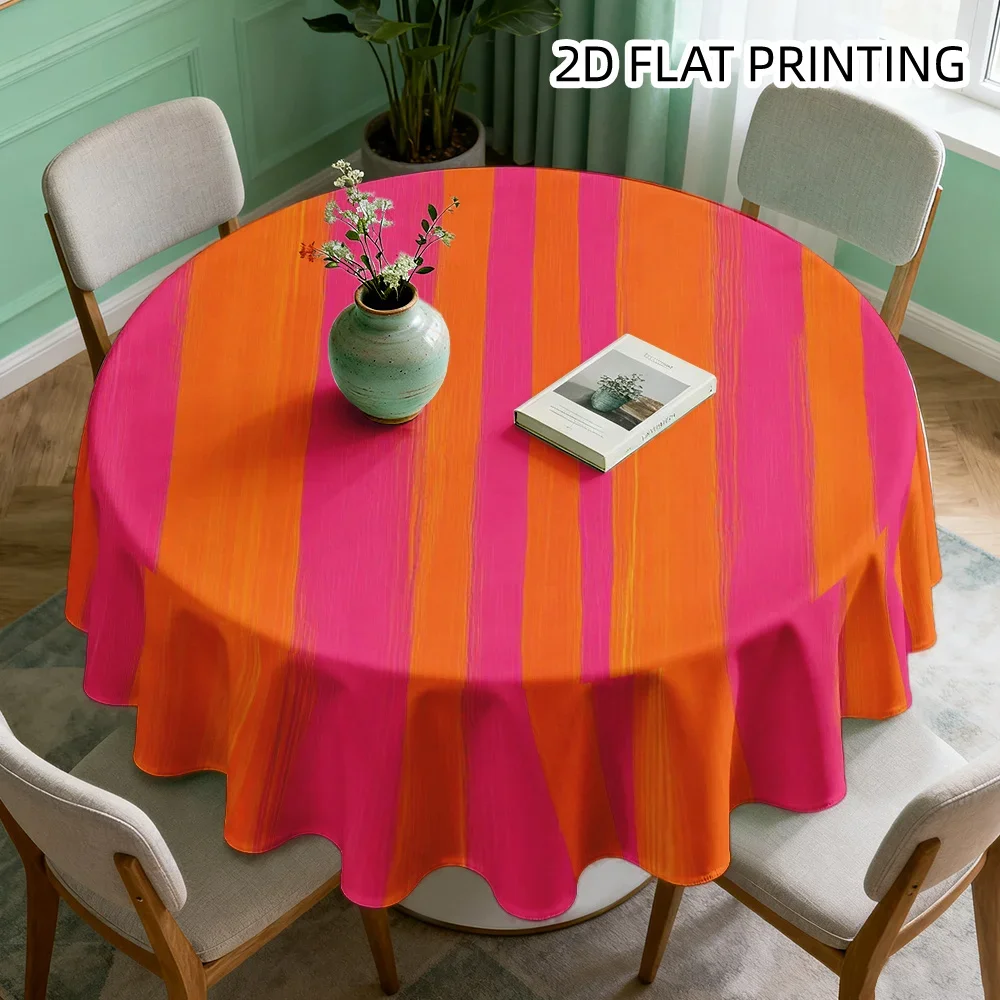 A 2D flat-printed circular tablecloth, featuring vertical orange and pink stripes, made of polyester.yzb