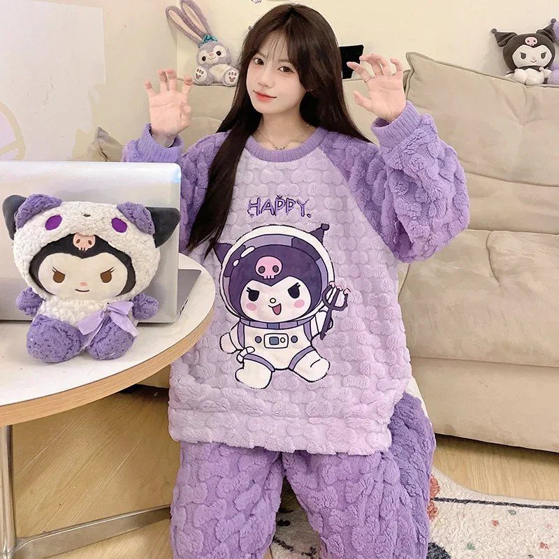 Kawaii Cinnamoroll Fall/winter New Flannel Pajama Ladies Cute Wear Thick Plus Size Coral Velvet Warm Home Suit Underwear Lounge