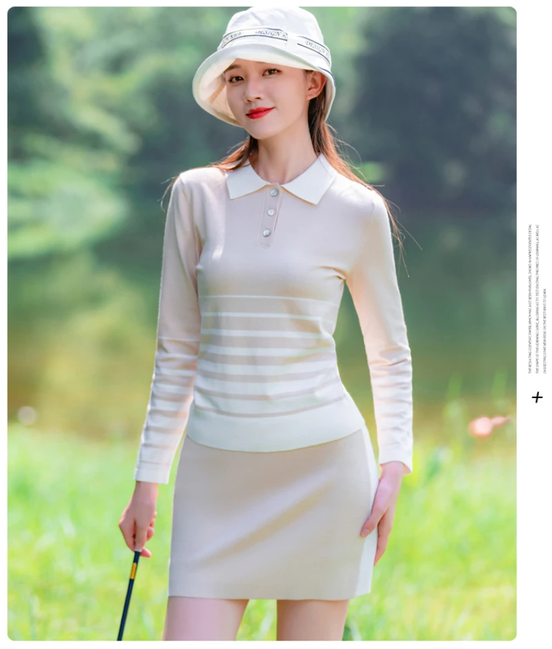 GLIFE Golf Women's Long Sleeve Top Autumn Winter Slim Lapel Knitted Elastic Striped Sweater Short Skirt Casual Golf Clothing Set