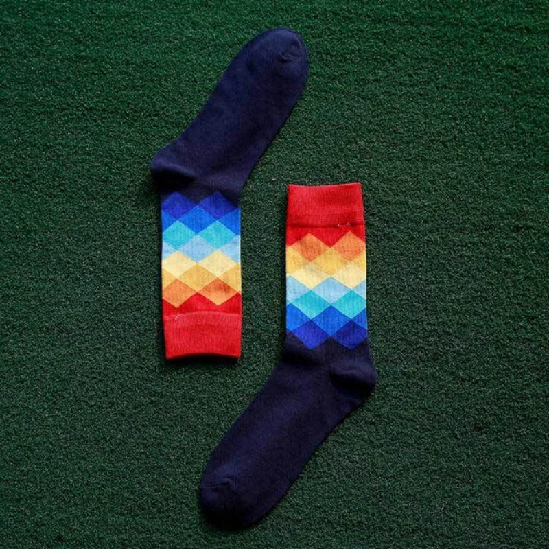 3Pairs Unisex Gradient Diamond Argyle Cotton Crew Socks Colorful Geometric Harajuku Hip Hop Couple Novelty Crew Socks