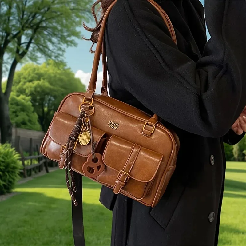 حقيبة كتف نسائية متعددة الجيوب مع أجهزة وحروف ذهبية اللون، محفظة حقيبة يد أنيقة للسفر والعمل والتسوق والتواريخ