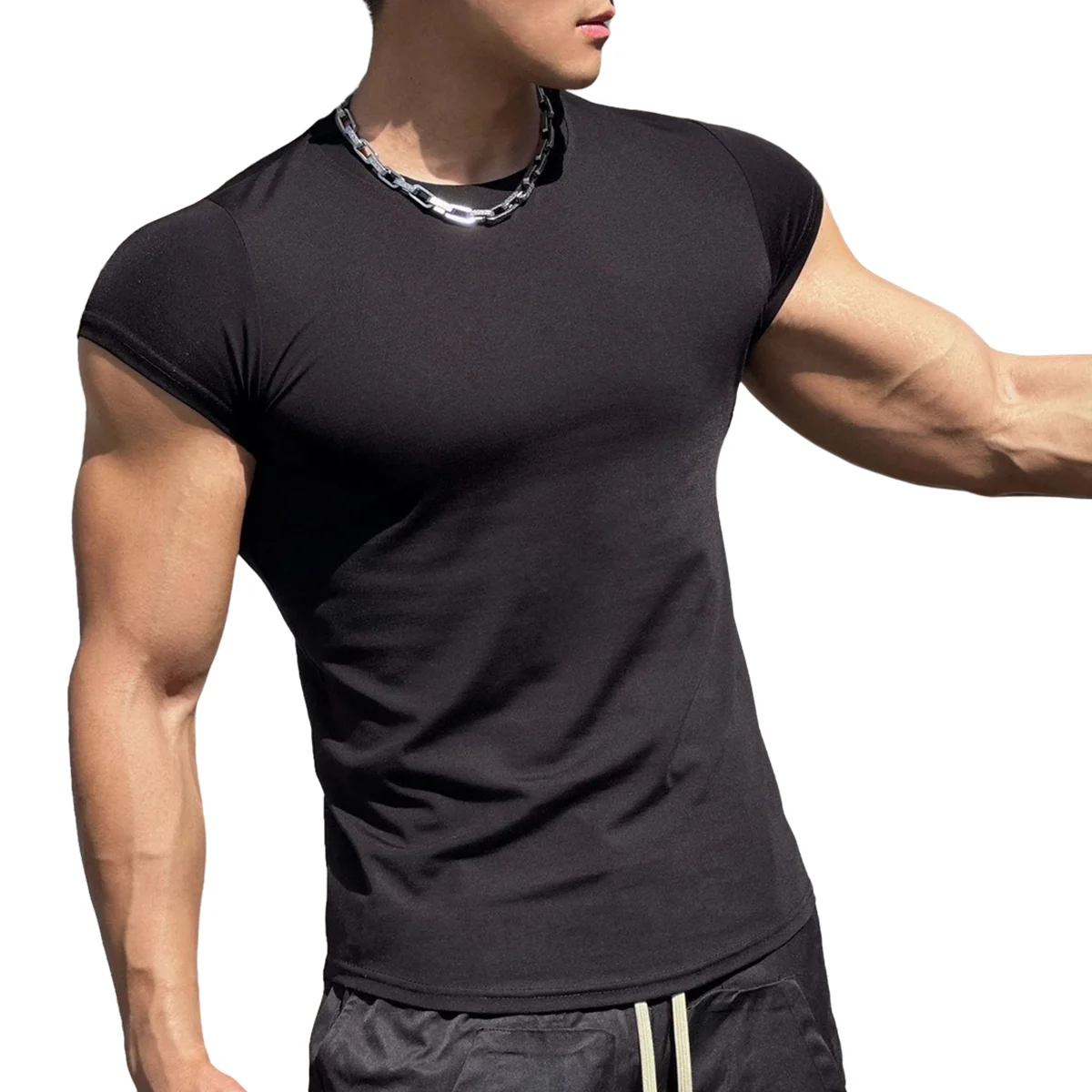 Black Running Sport T-shirt Men Gym Fitness Skinny Shirt Short Sleeve Cotton Tee Tops Male Summer Bodybuilding Training Clothing