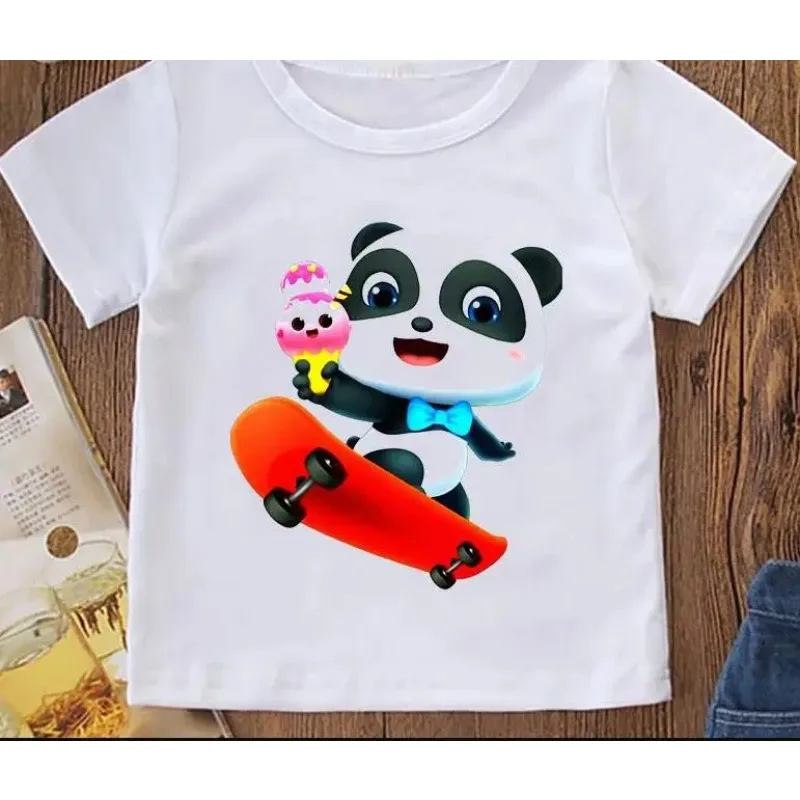 Babybus panda impressão t-shirt para meninas e meninos, melhores roupas para crianças, manga curta verão, roupas infantis Harajuku Kawaii, arco-íris