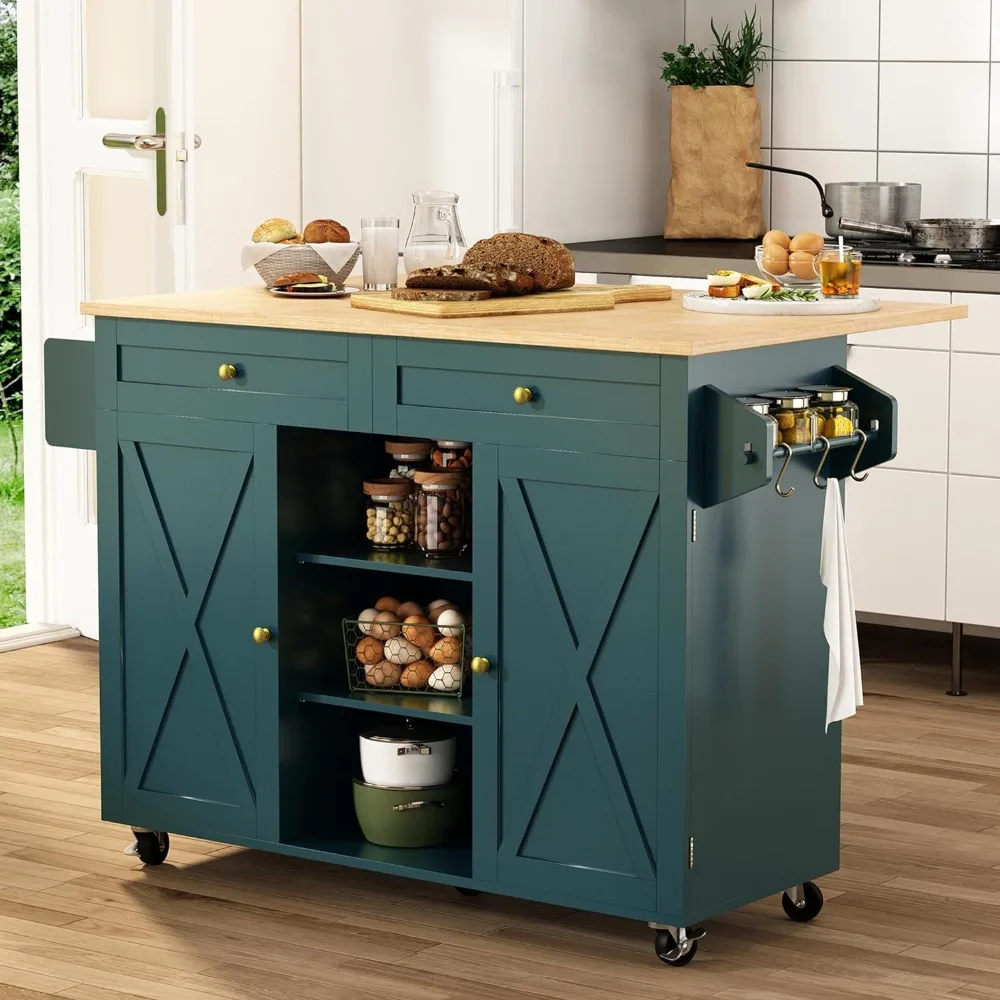 HLR Kitchen Island On Wheels, Rolling Kitchen Island Cart with Drop Leaf Countertop, Barn Door Kitchen Island Table with Storage