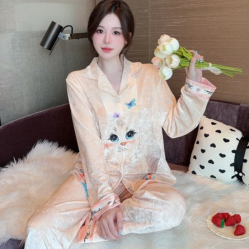 حجم كبير الحلو الكرتون القط منامة المرأة الشتاء الربيع الذهبي المخملية المتسكعون لينة الكورية المخملية الشعر السراويل ملابس المنزل